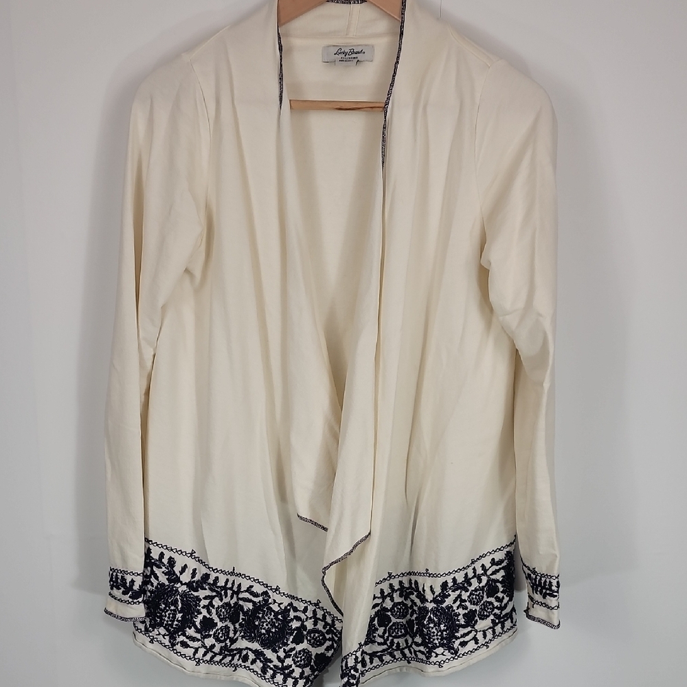 Lucky Brand Cream Navy Embroidery Waterfall Open Cardigan